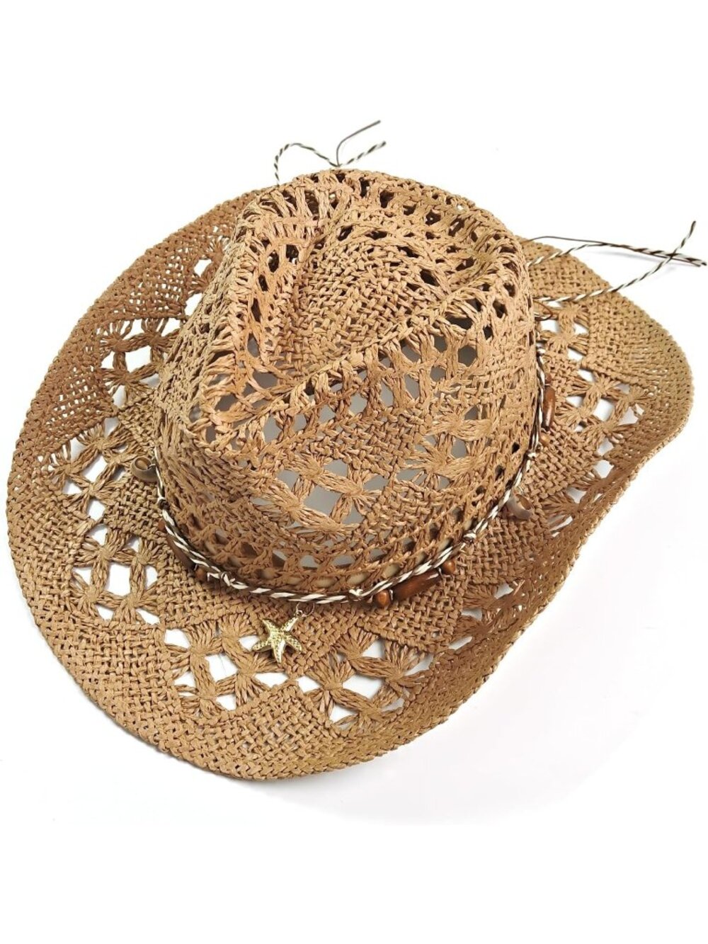 Women's Dark Khaki Straw Beaded Band Wide Brim Cowboy Western Cowgirl Sun Hat